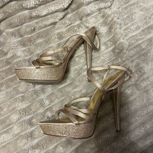 Nine West Glitter Strappy Platform Heels - Gold